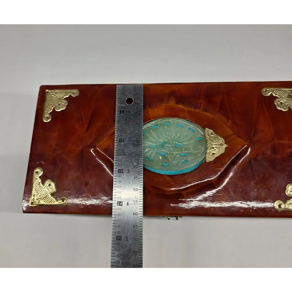 Vintage Chinese Wooden Jewelry Box Brass Hardware Jade Stone Inlay Red Lined